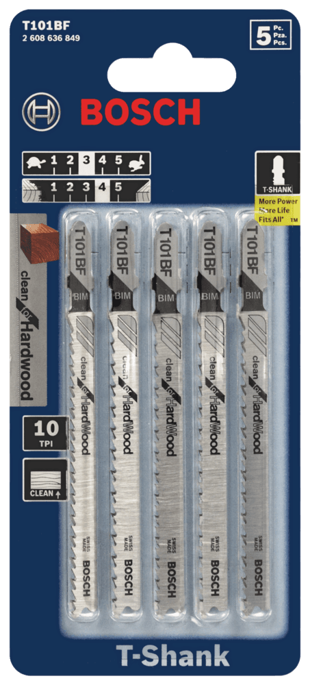 Bosch T101BF 4-in 10 TPI T-Shank Carbide Jigsaw Blades for Wood, 5-pk