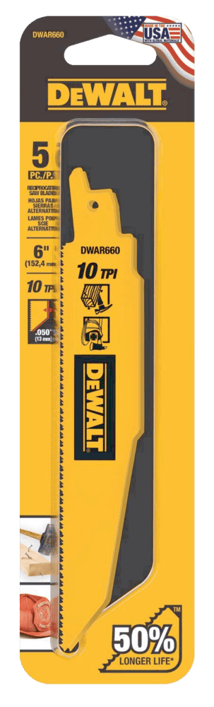 DEWALT DWAR660 6-in 10 TPI Bi-Metal Reciprocating Saw Blades for Wood, Metal, Drywall, 5-pk