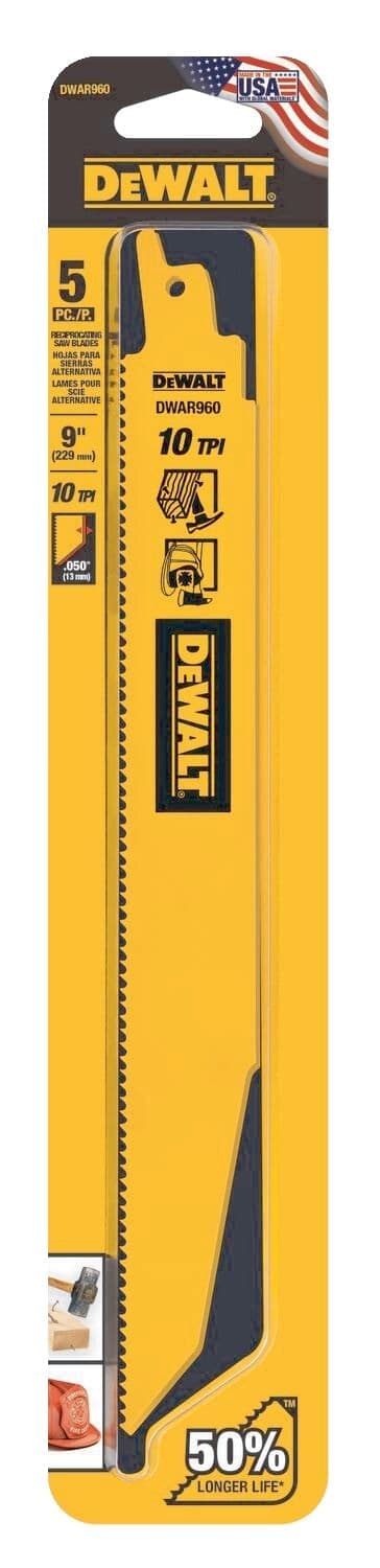 DEWALT DWAR960 9-in 10 TPI Bi-Metal Reciprocating Saw Blades for Wood, Metal, Drywall, 5-pk