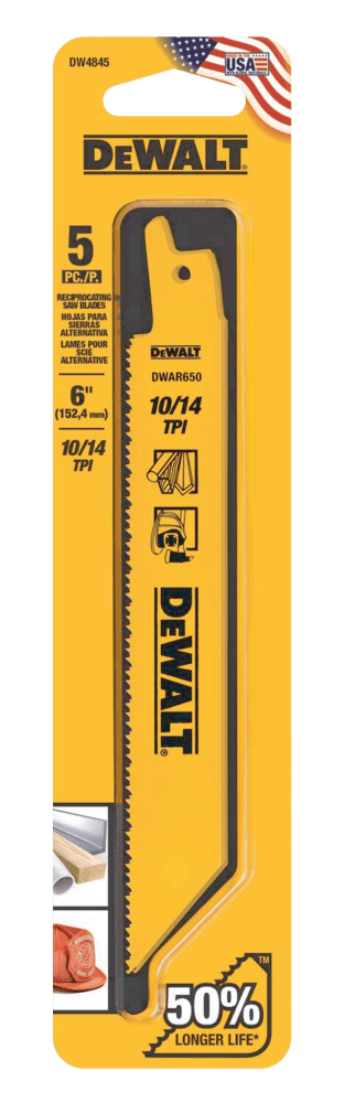 DEWALT DW4845 6-in 10/14 TPI Bi-Metal Reciprocating Saw Blade Set for Wood, Metal, 5-pc
