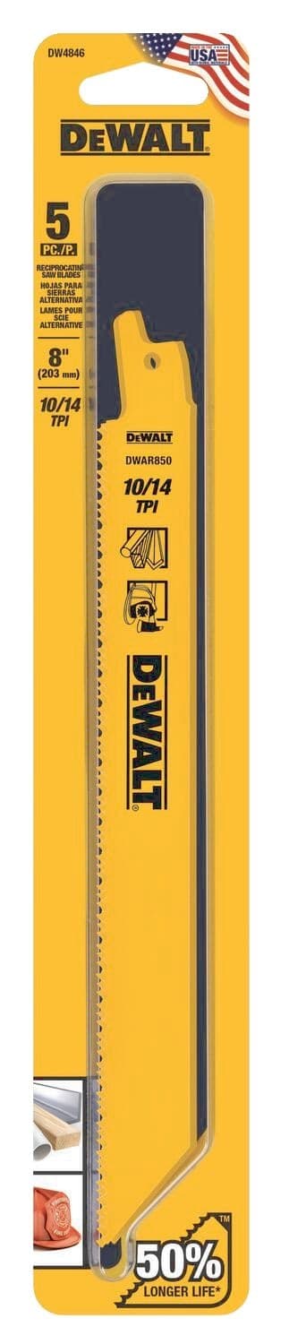 DEWALT DW4846 8-in 10/14 TPI Bi-Metal Reciprocating Saw Blade Set for Wood, Metal, 5-pc