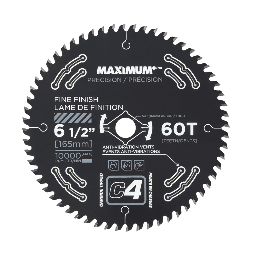 MAXIMUM 6-1/2-in 60T Carbide Tipped Fine Finish Circular Saw Blade for Wood