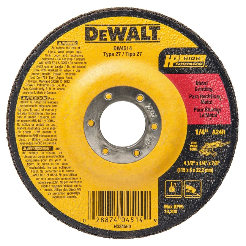 Dewalt 4-1/2" x 1/4" x 7/8" Metal Grinding Wheel, 5 Pack