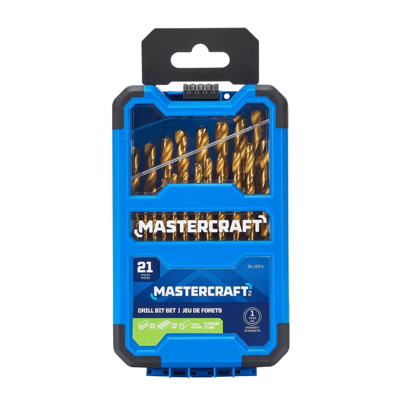 Mastercraft Titanium-Coated, High Speed Steel Drill Bit Set for Wood, Metal, Plastic, 21-pc