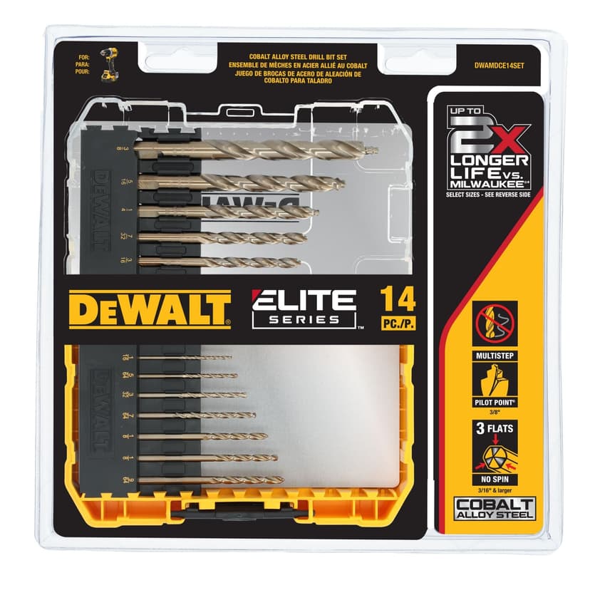 DEWALT DWA1240 Cobalt Drill Bit Set for Wood, Metal, Plastic, 14-pc