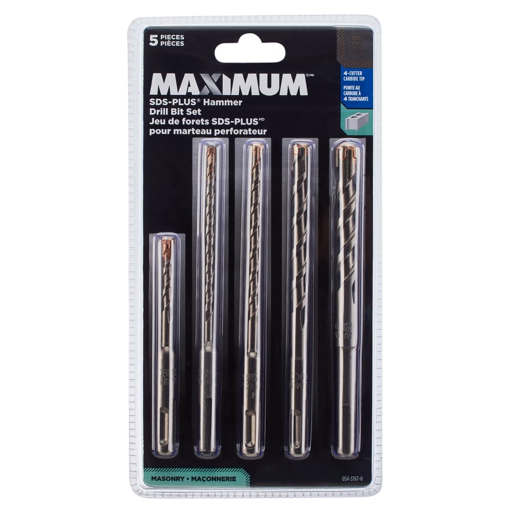 MAXIMUM SDS-PLUS Hammer Carbide Tipped Drill Bit Set for Masonry, Stone, 5-pc
