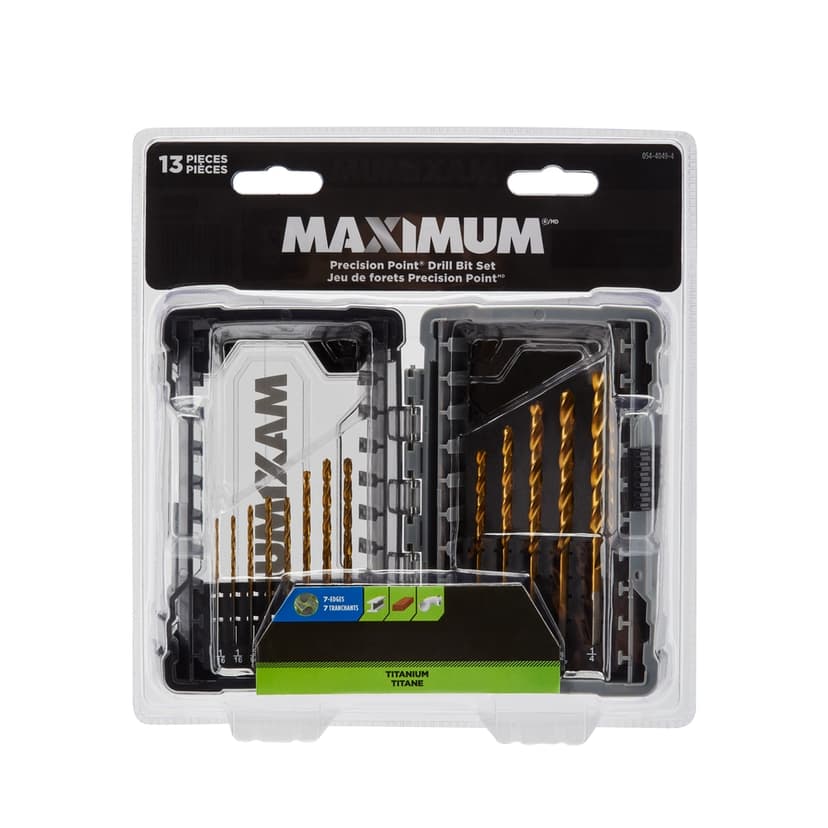 MAXIMUM Precision Point 7-Edge Titanium Drill Bit Set for Wood, Metal, and Plastic, 13-pc