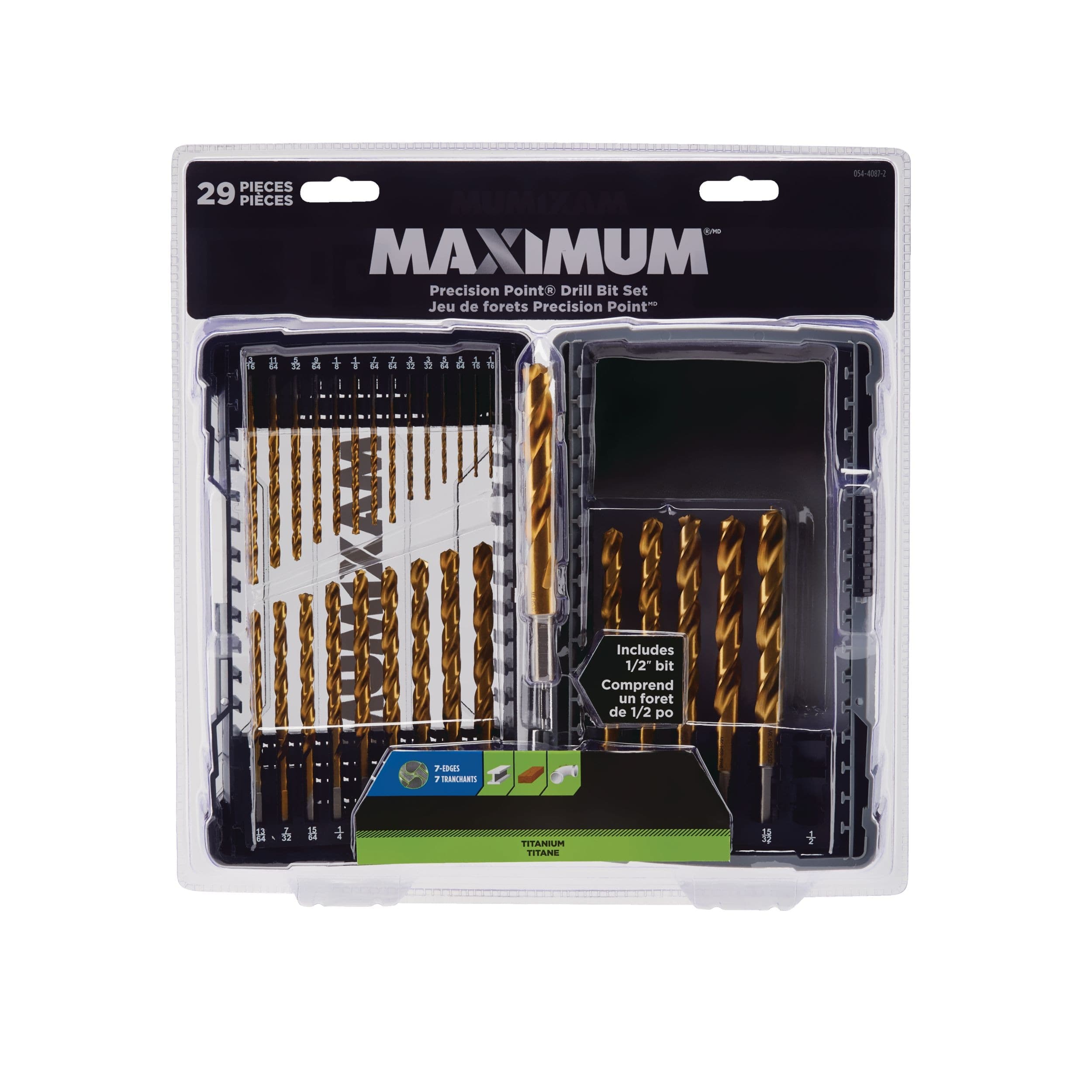 MAXIMUM Precision Point 7-Edge Titanium Drill Bit Set for Wood, Metal, Plastic, 29-pc