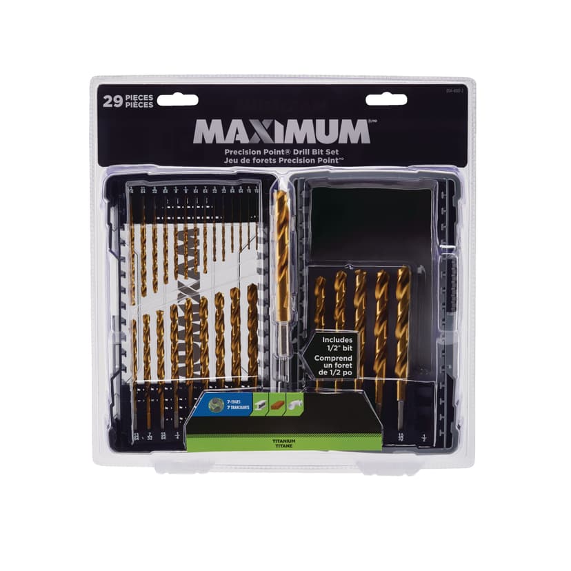MAXIMUM Precision Point 7-Edge Titanium Drill Bit Set for Wood, Metal, Plastic, 29-pc