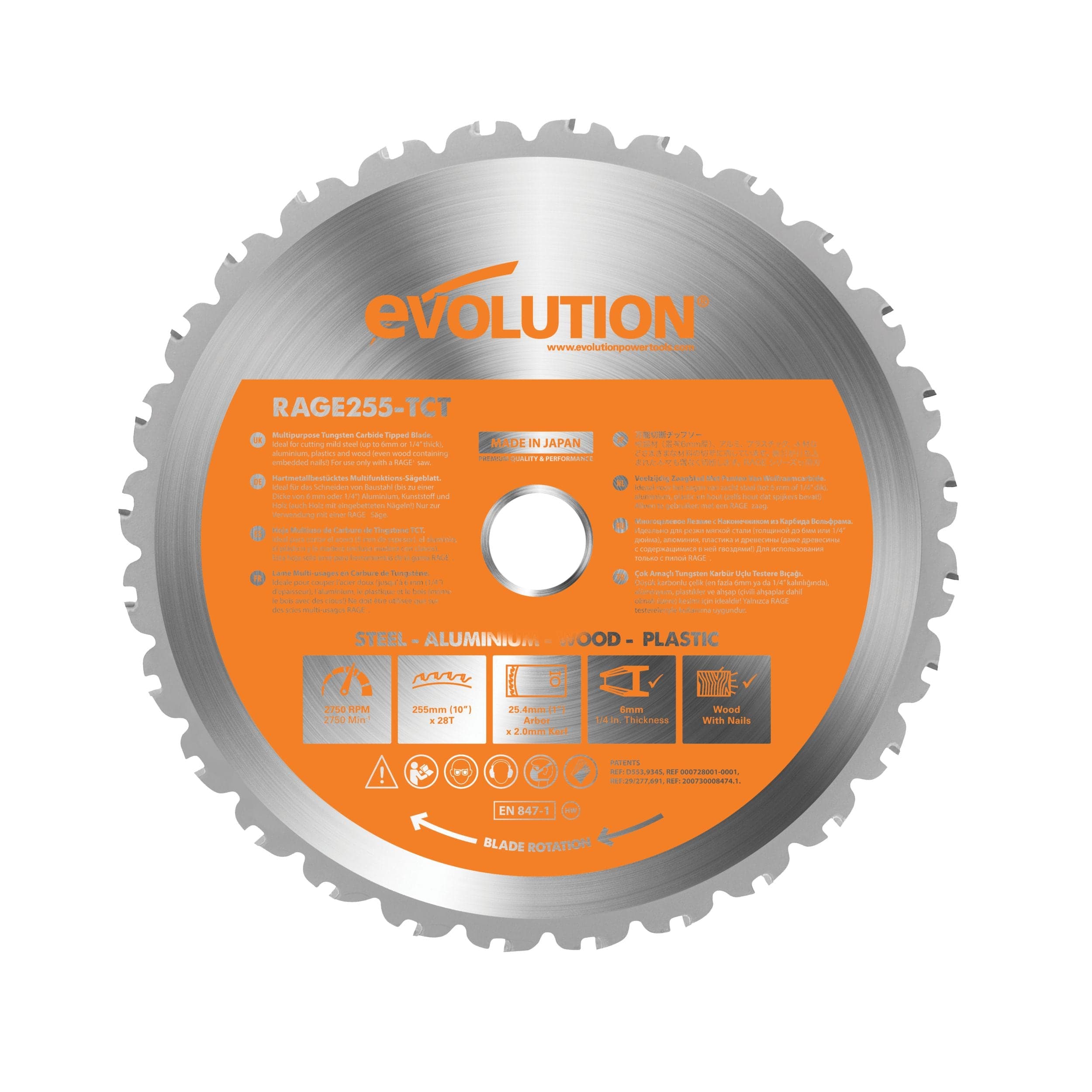 Evolution 10-in 28T Carbide Tipped Circular Saw Blade for Plastic, Wood, Steel