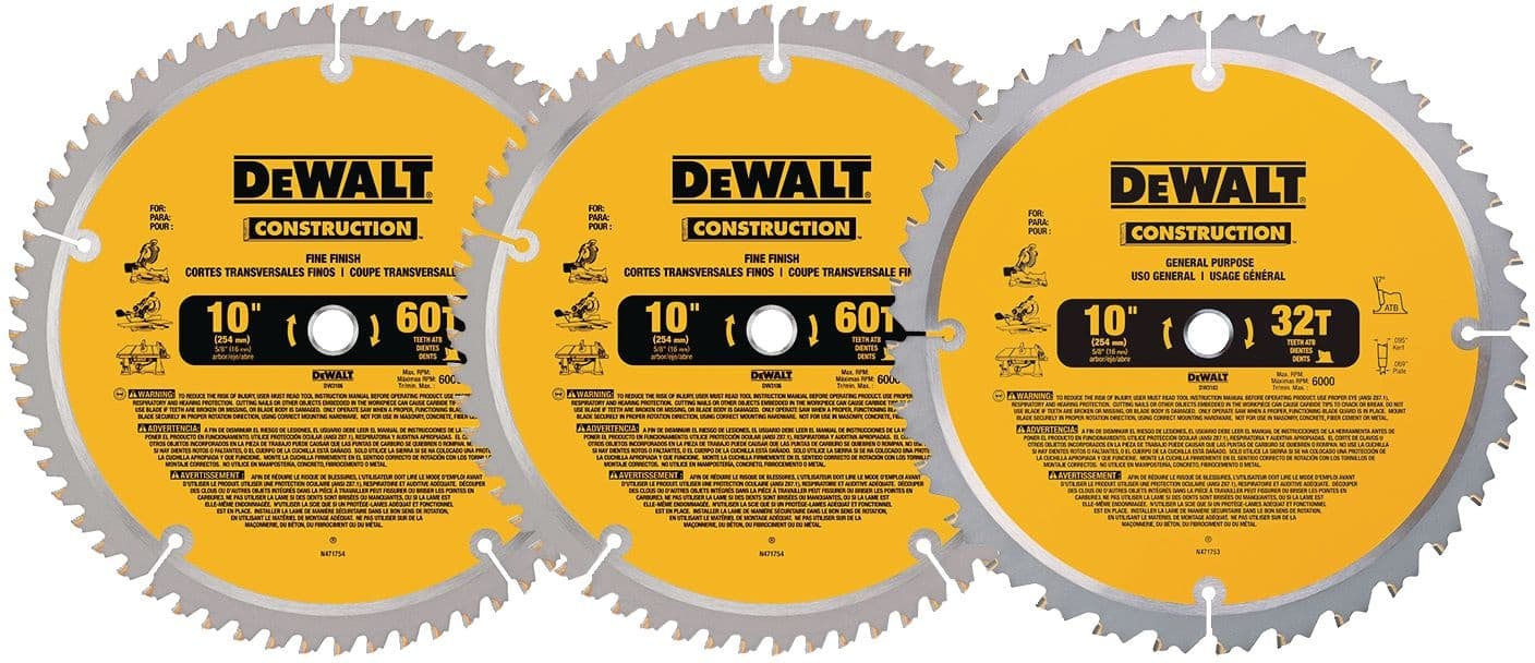 DEWALT DW3106P5B3C 10-in 32T & 2 x 60T Carbide Tipped Circular Saw Blade Set for Wood, Composite, 3-pk