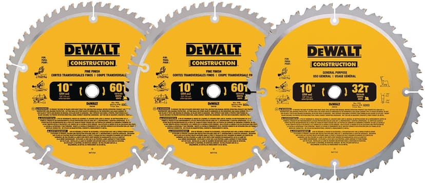 DEWALT DW3106P5B3C 10-in 32T & 2 x 60T Carbide Tipped Circular Saw Blade Set for Wood, Composite, 3-pk