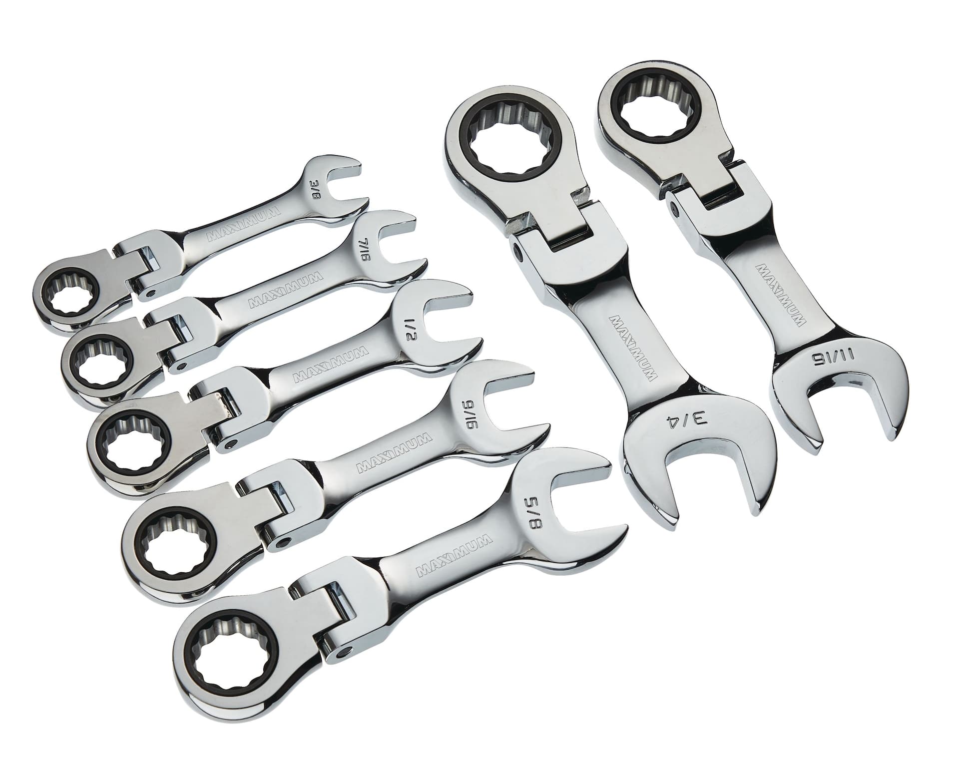 MAXIMUM Stubby Flex Head Ratcheting Wrench Set, SAE, Nickel-Chrome Plating, 7-pc