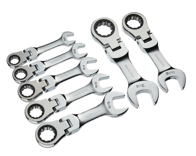 MAXIMUM Stubby Flex Head Ratcheting Wrench Set, SAE, Nickel-Chrome Plating, 7-pc
