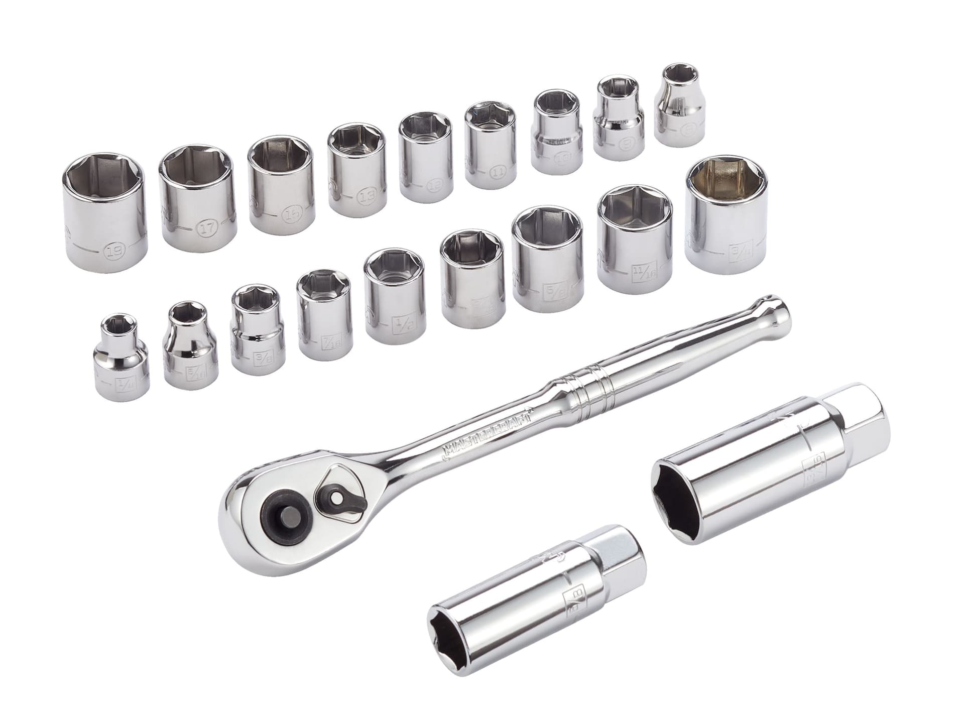 Mastercraft Socket Set, 3/8-in Drive, SAE/Metric, CRV, Nickel-Chrome Plating, 21-pc