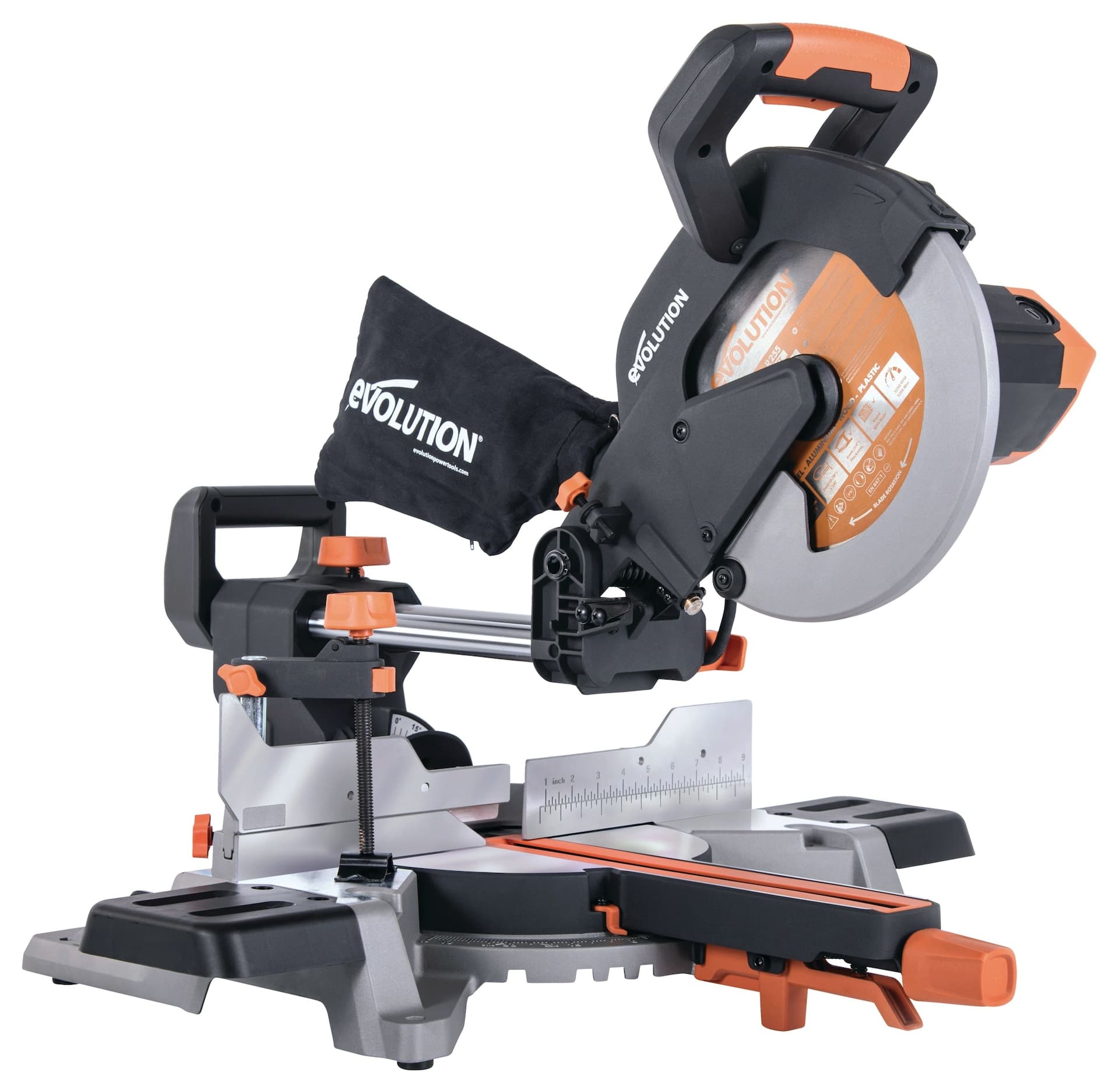 Evolution R255SMS 15 Amp Single-Bevel Sliding Mitre Saw with 10-in Multi-Material Cutting Blade