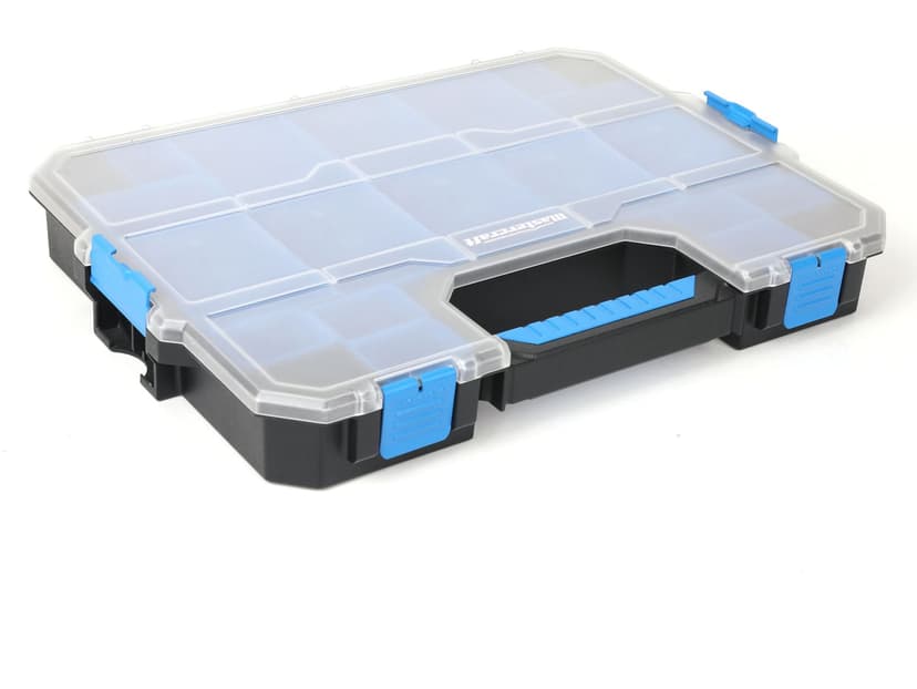 Mastercraft Thin Parts Organizer, Stackable 18-Bins Tray w/Lid, 17x13x3-in