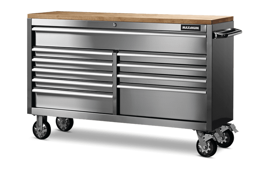 MAXIMUM Butcher Block Top Rolling Tool Storage Cabinet with 10 Drawers, Stainless Steel, 56-in