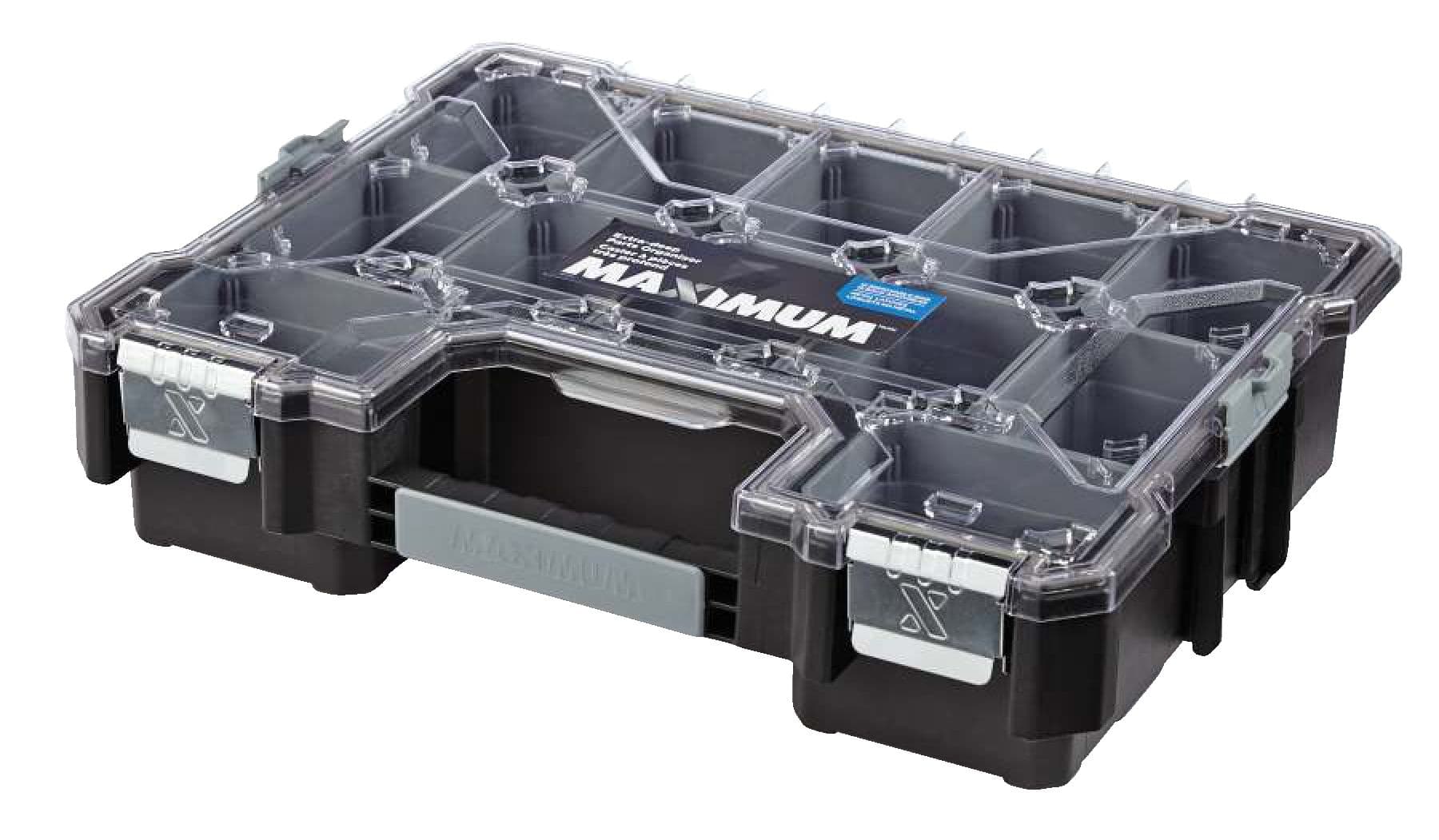 MAXIMUM Extra-Deep Stackable Parts Organizer Tray w/Lid, 12 Removable Bins, 18x14x4-in