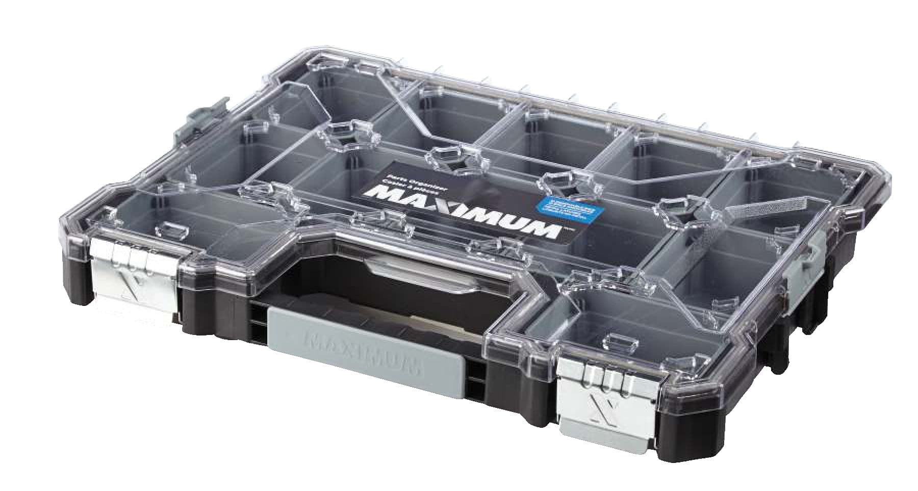 MAXIMUM Shallow 12-Bin Stackable Pro Parts Organizer Tray w/Lid, 18x14x2-in