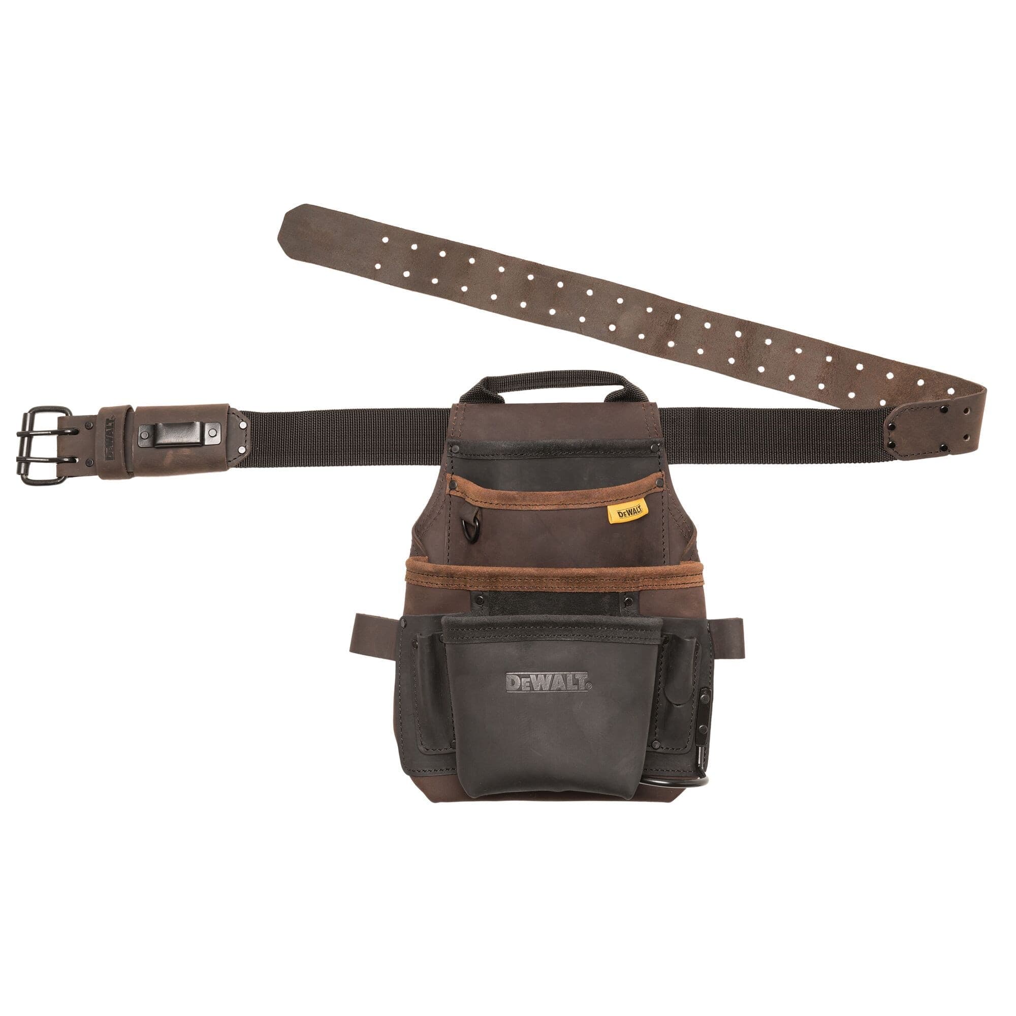 DEWALT Premium Nubuck Leather Adjustable Tool Pouch with Belt, 12 Pockets, Black