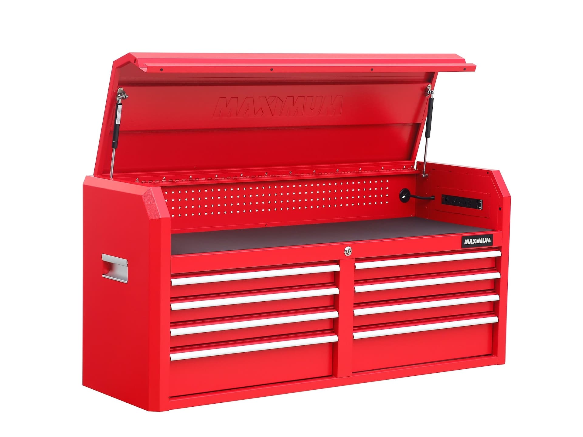 MAXIMUM Powder-Coated Steel Tool Chest with 4-Outlet Power Strip, Red, 56-in