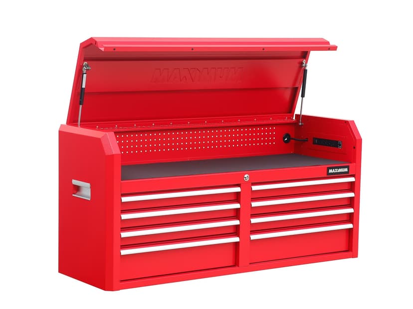 MAXIMUM Powder-Coated Steel Tool Chest with 4-Outlet Power Strip, Red, 56-in