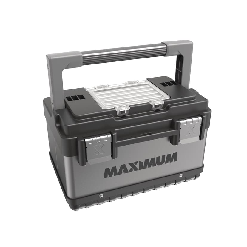 MAXIMUM Portable Plastic & Metal Tool Box w/ Removable Tray & Organizer, Black, 15-in