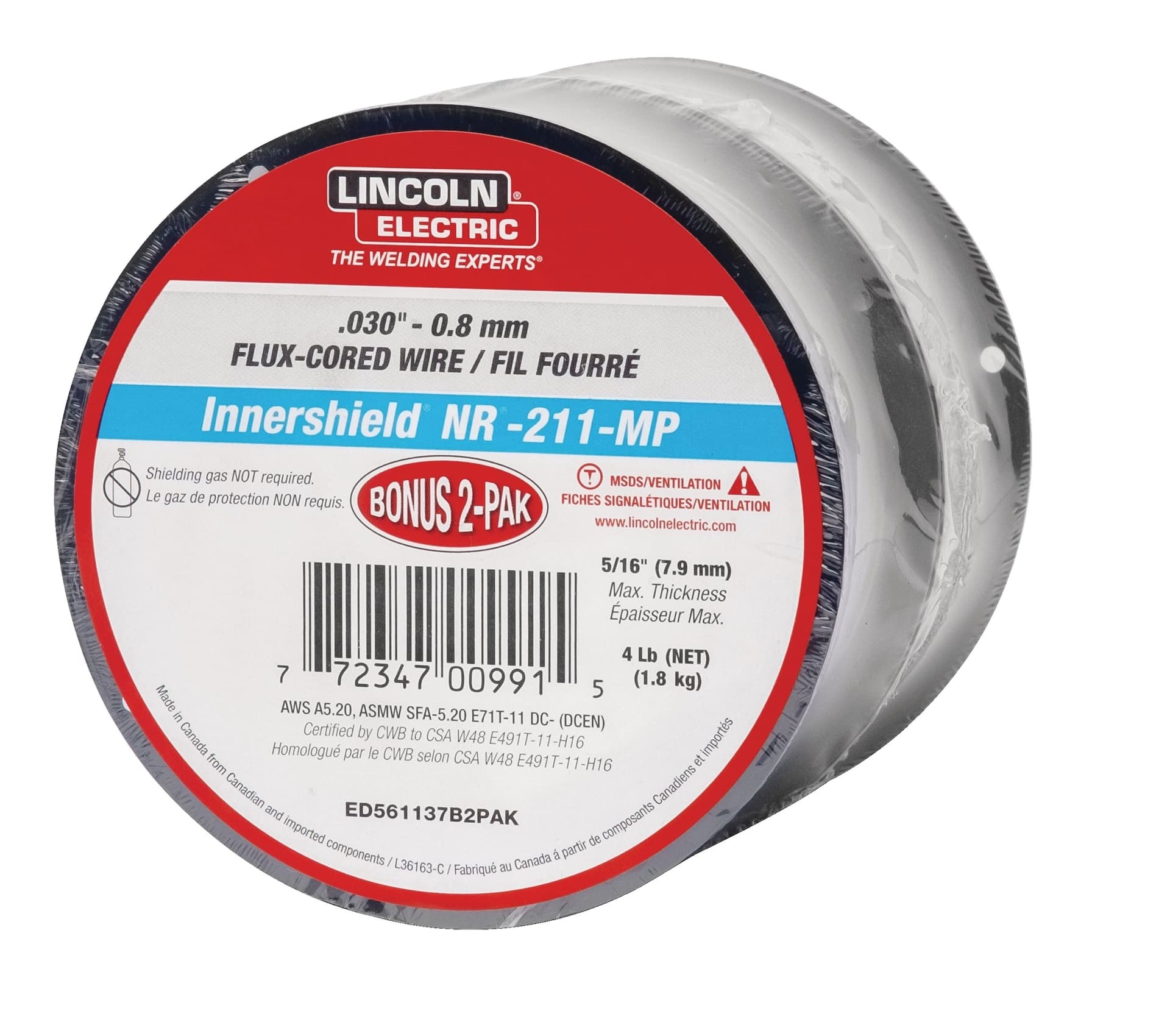 Lincoln Electric Flux-Cored Gasless Welding Wire Bonus Pack, 2-lb SPool, 1.8-kg, 0.03-in, 2-pk