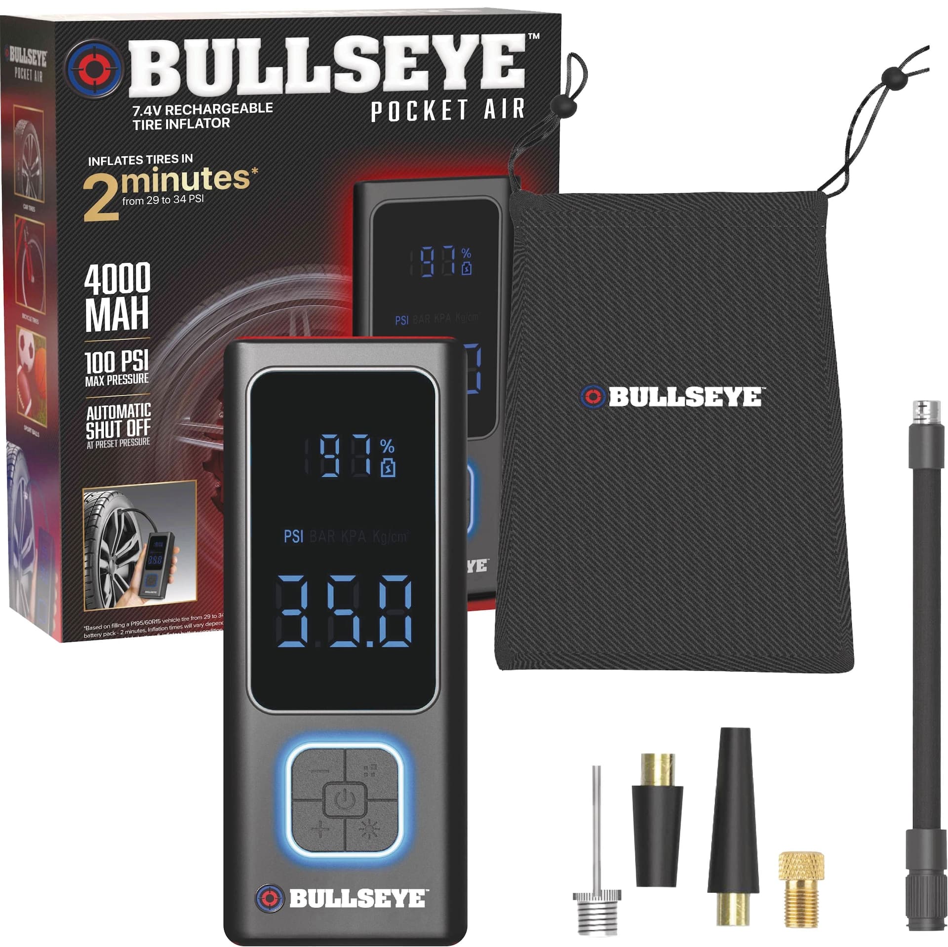 As Seen On TV Bullseye Pocket Air 7.4V Digital Portable Rechargeable Tire Inflator, Black
