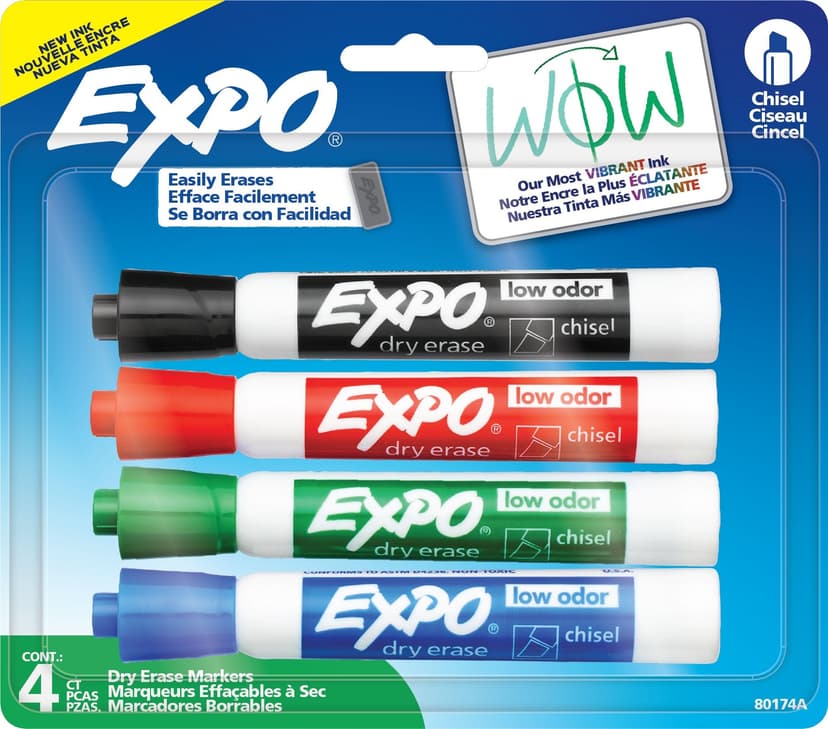 Expo Low Odour Dry Erase Markers, Chisel Tip, 4 Pieces, Assorted Colours