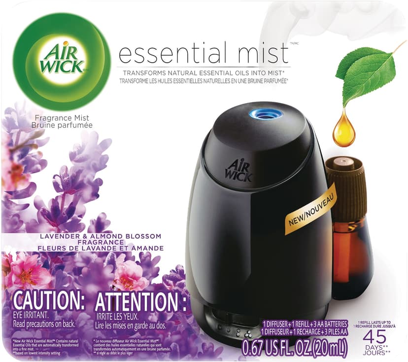 Air Wick Essential Mist Fragrance Oil Diffuser Kit, Lavender & Almond Blossom, Includes Diffuser, Refill and 3 Batteries