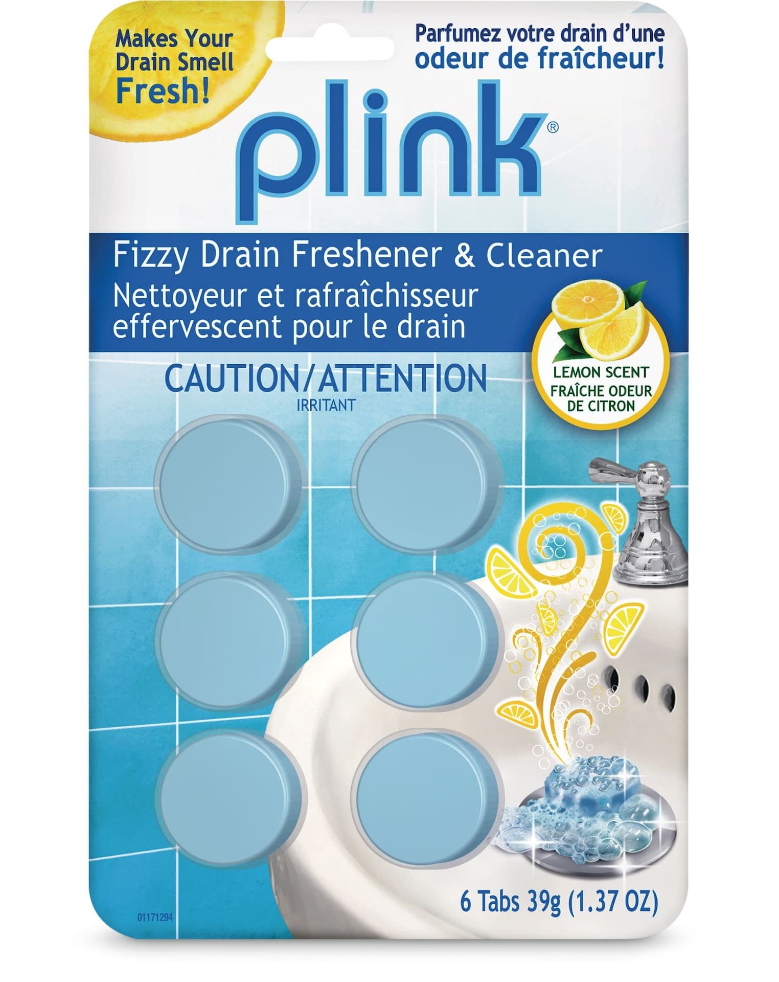 Summit Plink Fizzy Drain Freshener & Cleaner Tabs, Lemon Scent, 6-pk