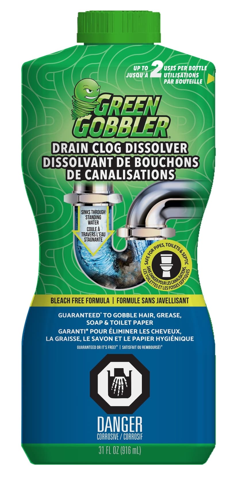 Green Gobbler Drain Clog Dissolver and Cleaner, Biodegradeable, 2 x 458-ml