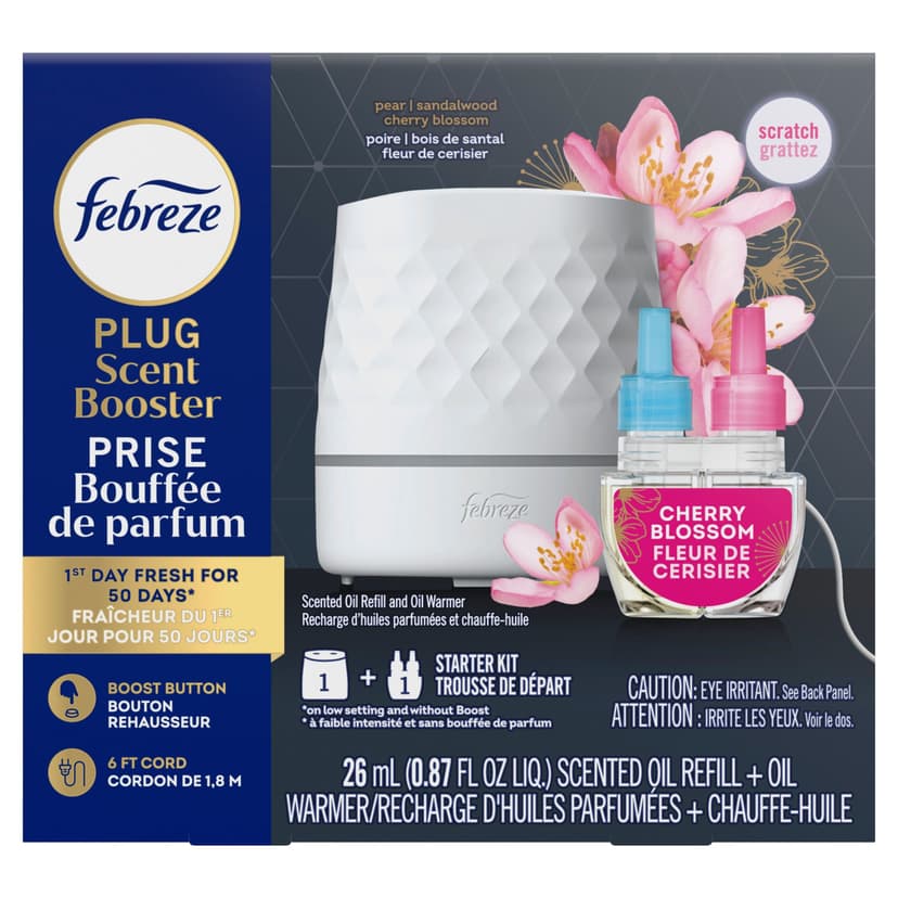 Febreze Plug Scent Booster & Scented Oil Refill Kit, Electric Continuous Air Freshener Starter Kit, Cherry Blossom