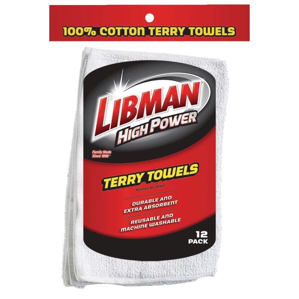 Libman Heavy Duty All-Purpose Machine Washable 100% Cotton Terry Towels, White, 12-pk