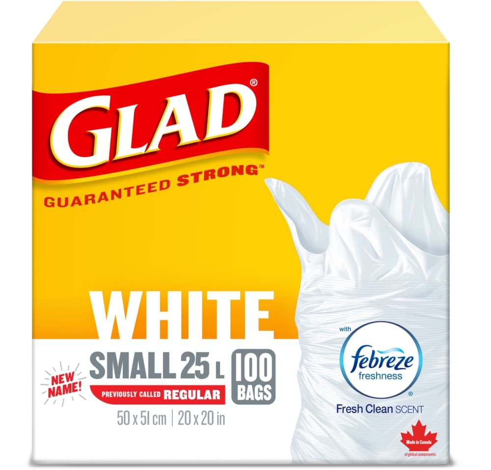 Glad Small Easy-Tie Flap Febreze Fresh Clean Scent Garbage Bags, 100-pk, White, 25-L