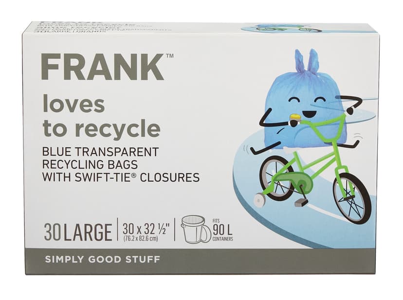 FRANK Large Swift-Tie Blue Transparent Recycling Bags, 30-pk, 90L Capacity