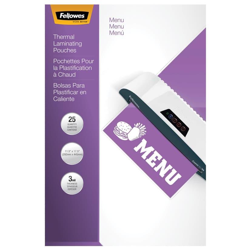 Fellowes Menu Thermal Laminating Pouches, 3-mm, 25-pk