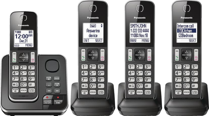 Panasonic DECT 6.0 Cordless Phone with Digital Answering, 4-Handsets, Black
