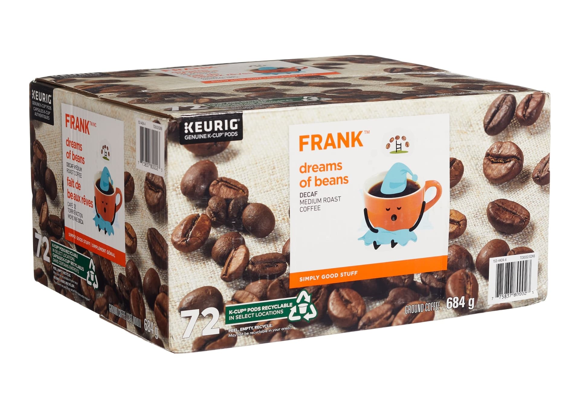FRANK Dreams of Beans, Decaf Medium Roast K-Cup® Coffee Pods, Keurig Compatible, 684-g, 72-pk