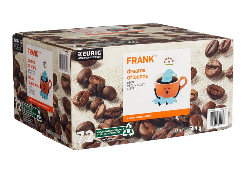 FRANK Dreams of Beans, Decaf Medium Roast K-Cup® Coffee Pods, Keurig Compatible, 684-g, 72-pk