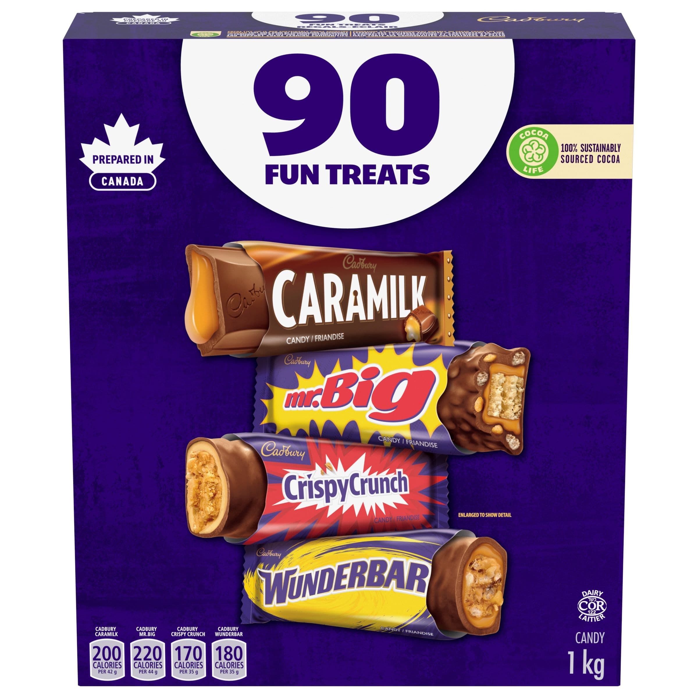 Cadbury Assorted Mini Caramilk/Wunderbar/Crispy Crunch/Mr. Big, Milk Chocolate, Multi-Coloured, 1-kg, 90-pk, Candy for Halloween