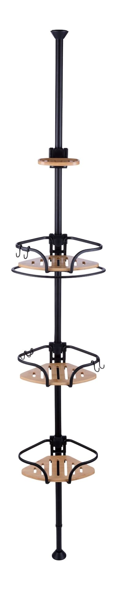 Type A 3-Tier Adjustable Rustproof Aluminum Shower Pole Caddy with Bamboo Trim, Matte Black