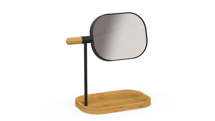 CANVAS Adjustable Round Tabletop Vanity Mirror with Bamboo Organizer, Black/Brown