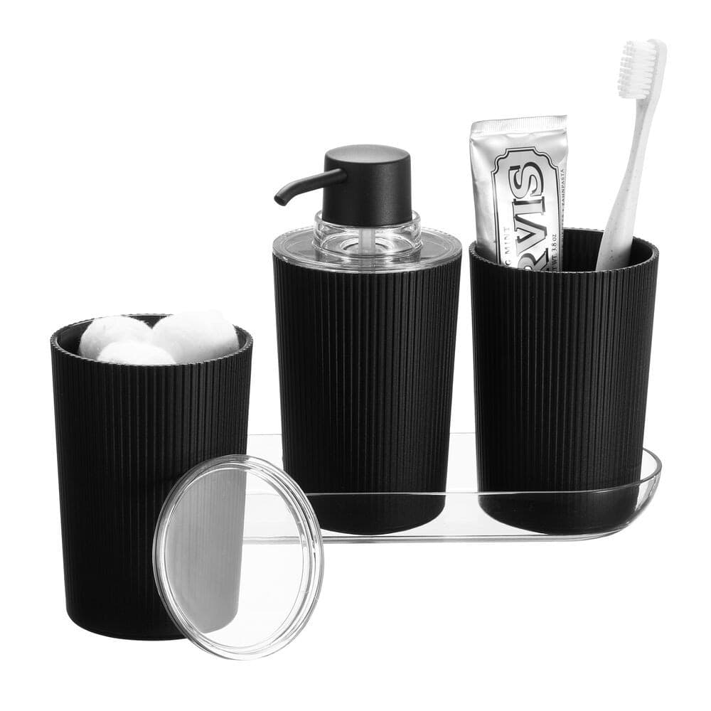 IDesign Bathroom Accessory Organizer Set with Soap Dispenser and Toothbrush Holder, Black, 4-pc