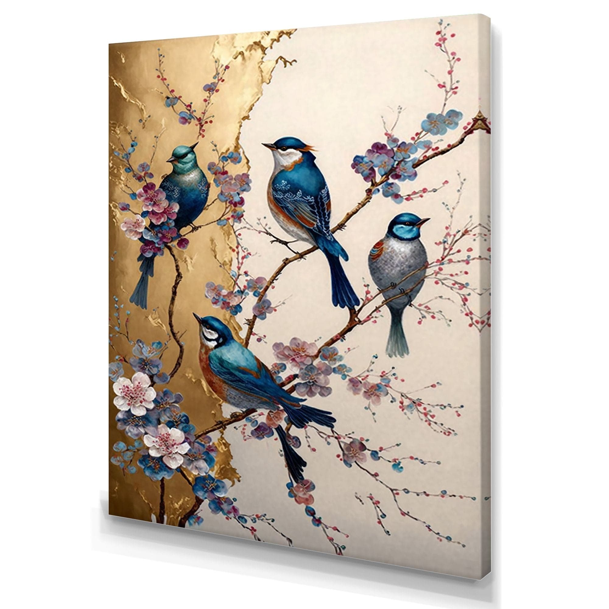 Designart Multicolour Birds On Plum Blossoms Tree XVI Canvas Wall Art, Beige, 30-in x 40-in