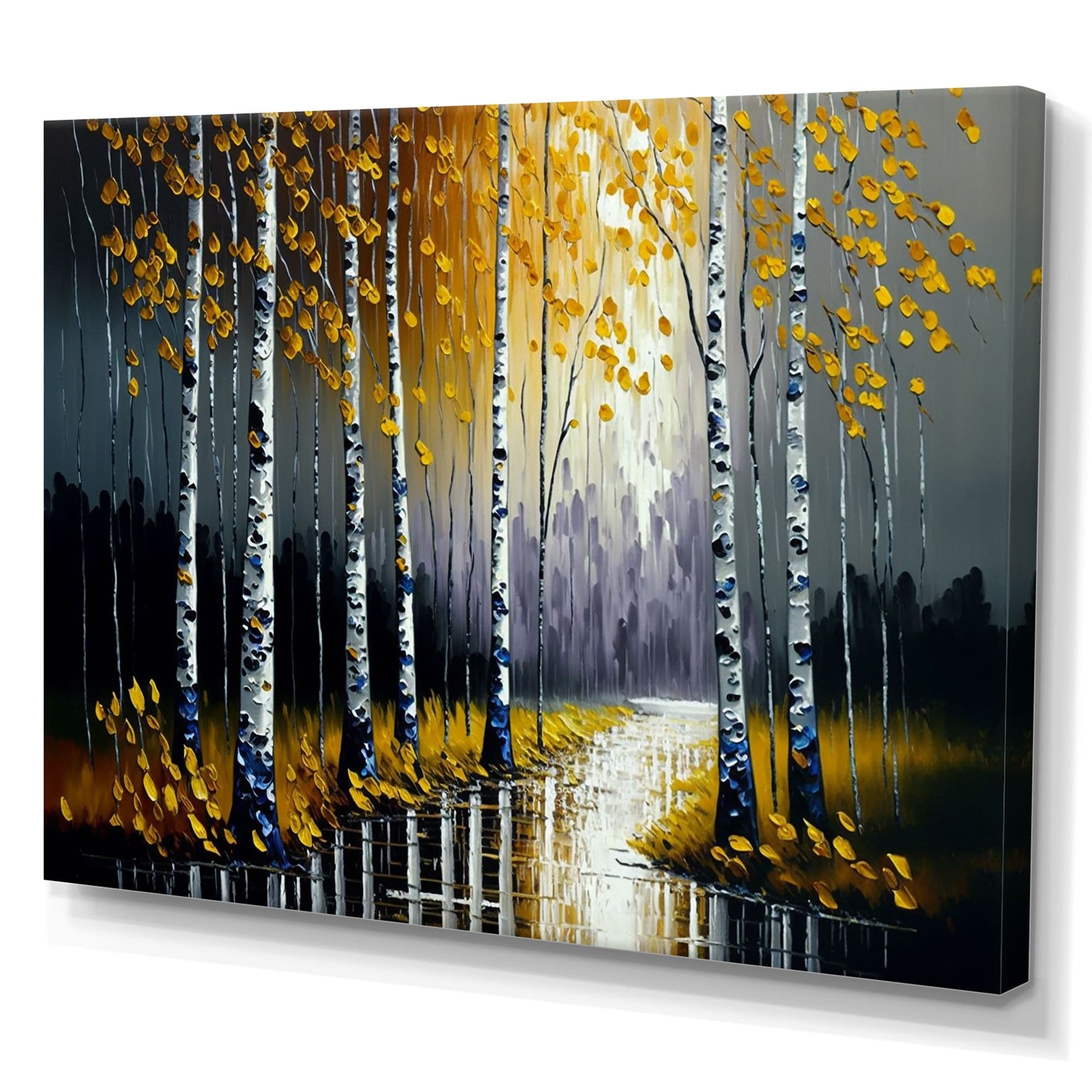 Designart Monochrome Golden Birch Trees By The River II Canvas Wall Art, Grey, 20-in x 12-in