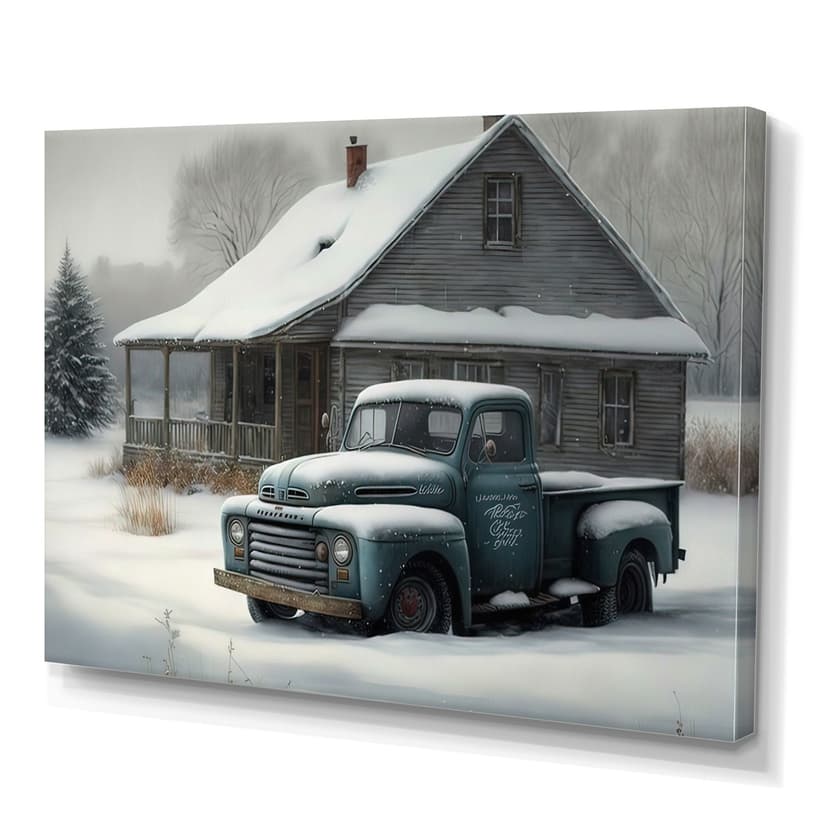 Designart Old Truck At The Barn In Winter IV Canvas Wall Art, White, 20-in x 12-in