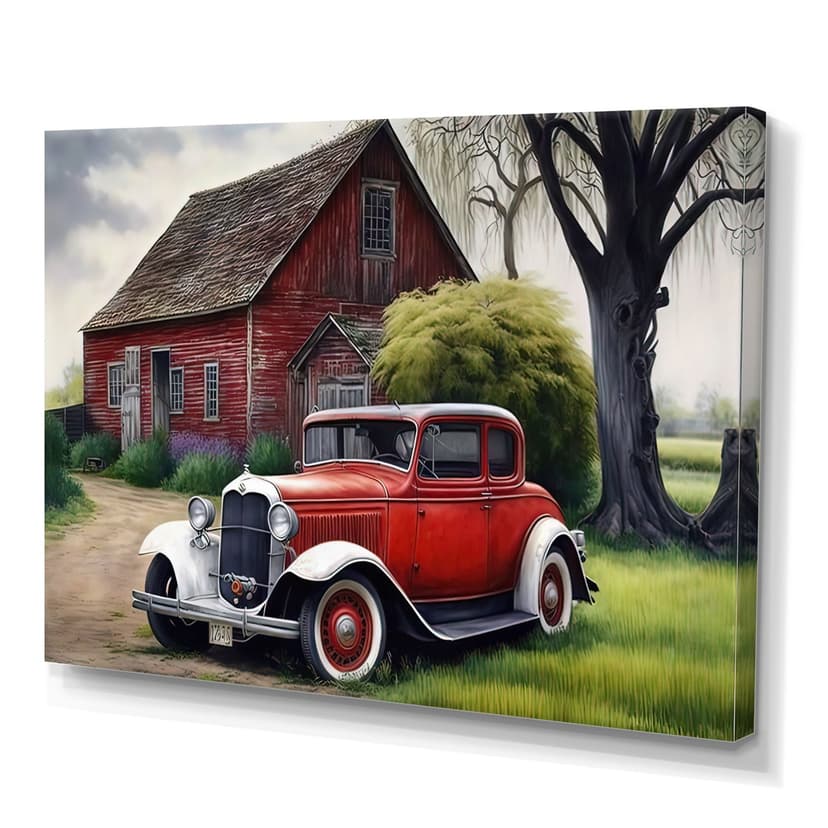 Designart Old Vintage Car At The Barn I Canvas Wall Art, 40-in x 30-in